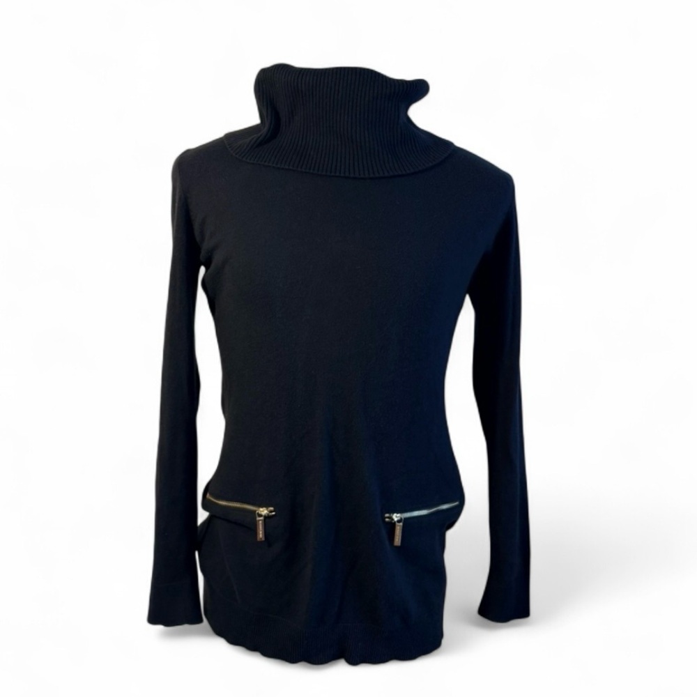 Michael Kors Black Tight-Knit Turtleneck Pullover Sweater Zipper Accents L